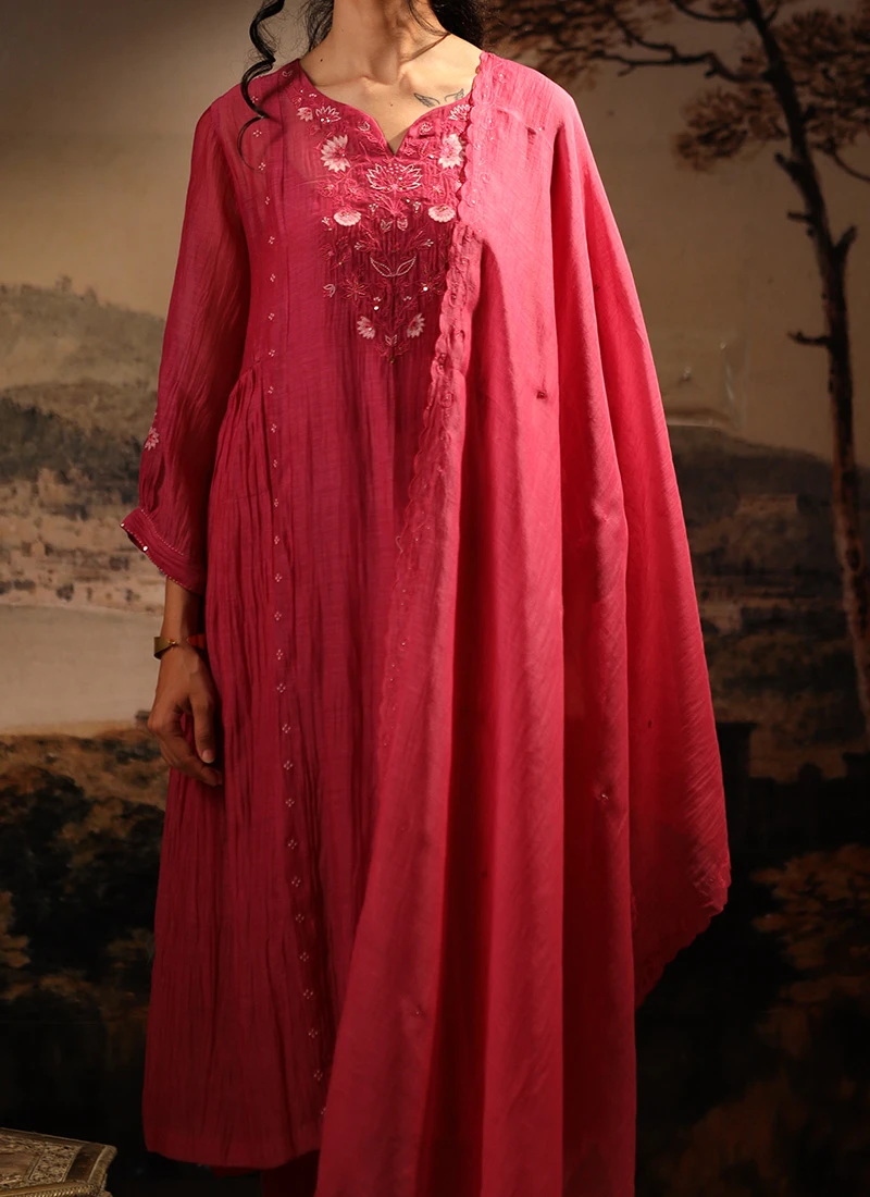 Hot Pink Chanderi Silk Embroidered Dupatta Party Wear 1 Hot Pink Chanderi Silk Embroidered Dupatta Party Wear