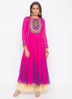 Hot Pink Georgette Embroidered Kurta Palazzo Set After Six Wear -C Bazaar Shop hot pink georgette embroidered kurta palazzo set krsmnc2093ks u