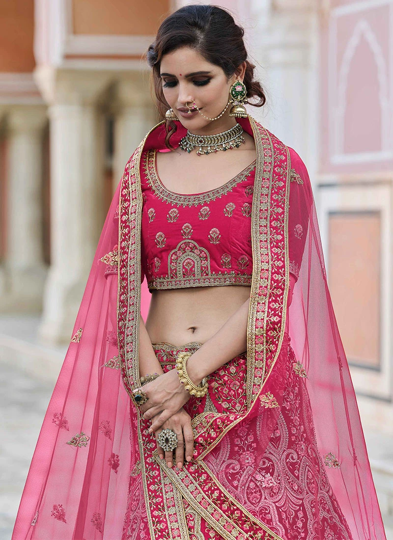 Hot Pink Velvet Embroidered N Stones A Line Lehenga Wedding Wear 4 Hot Pink Velvet Embroidered N Stones A Line Lehenga Wedding Wear - Image 4