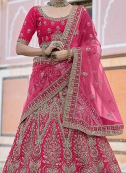 Hot Pink Velvet Embroidered N Stones A Line Lehenga Wedding Wear