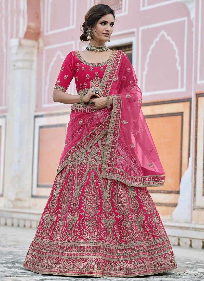 Hot Pink Velvet Embroidered N Stones A Line Lehenga Wedding Wear 3 Hot Pink Velvet Embroidered N Stones A Line Lehenga Wedding Wear - Image 3