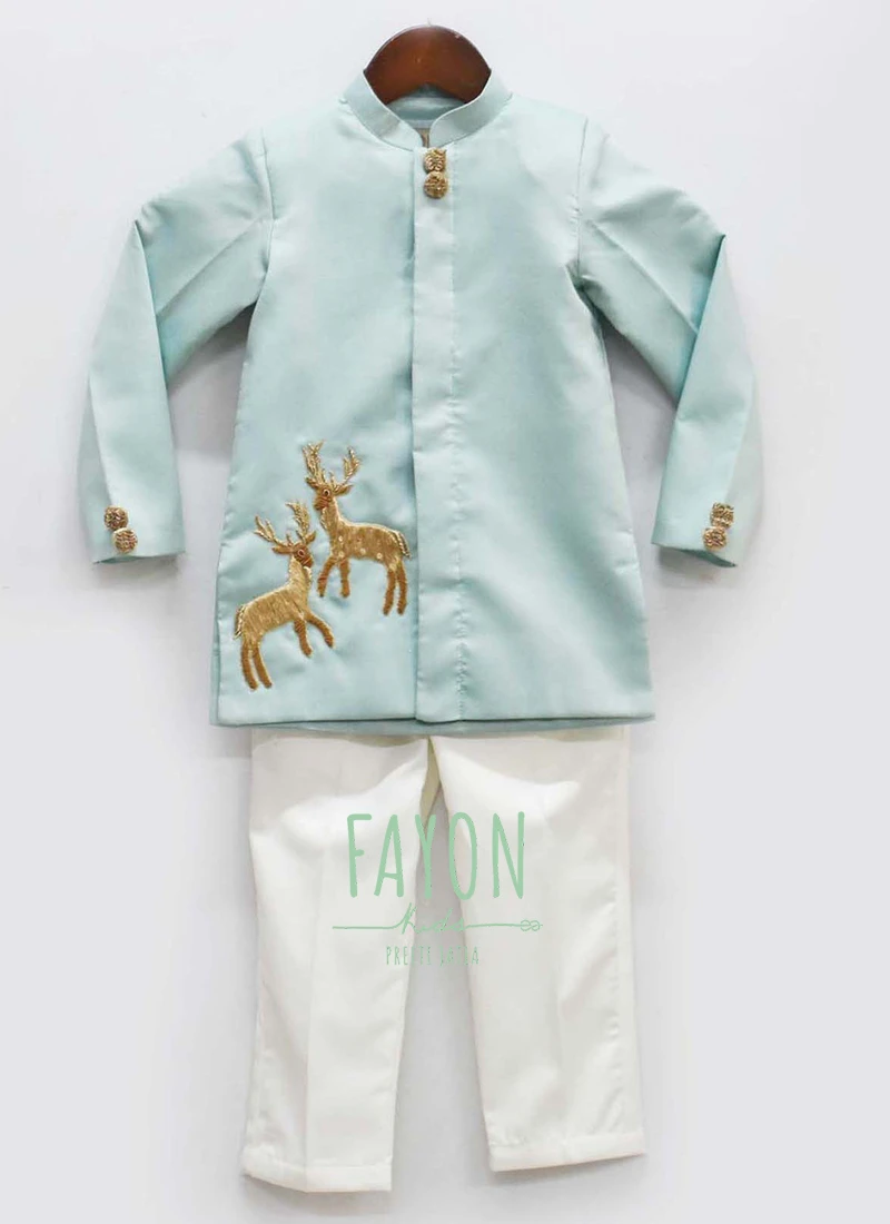 Ice Blue Cotton Silk Embroidered Boys Kurta Pyjama 2 Ice Blue Cotton Silk Embroidered Boys Kurta Pyjama - Image 2