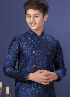 Indigo Blue Jacquard Silk Boys Indowestern Sherwani Party Wear -C Bazaar Shop indigo blue jacquard silk boys indowestern sherwani kdbkvs503 b