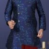 Indigo Blue Jacquard Silk Boys Indowestern Sherwani Party Wear