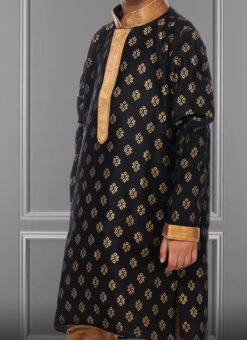 Ink Black Dhupion Silk Foil Printed Boys Kurta Pyjama Party Wear