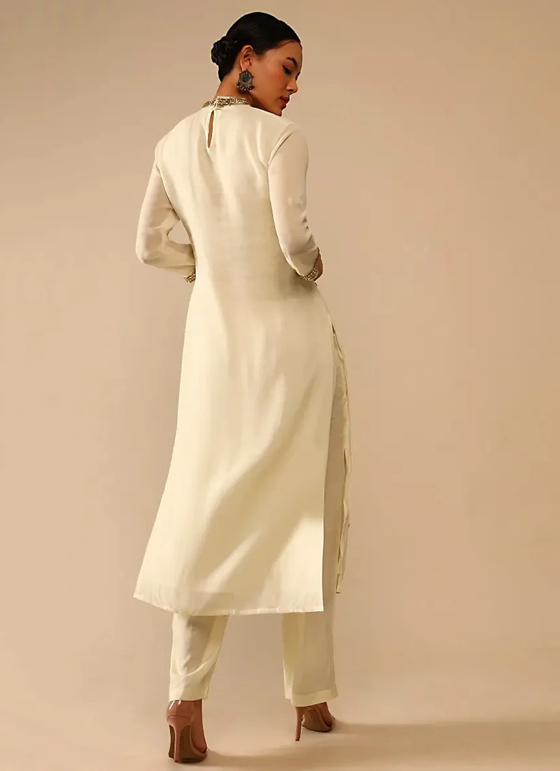 Ivory Pure Georgette Embroidered Kurta Straight Pant Set Party Wear 4 Ivory Pure Georgette Embroidered Kurta Straight Pant Set Party Wear - Image 4