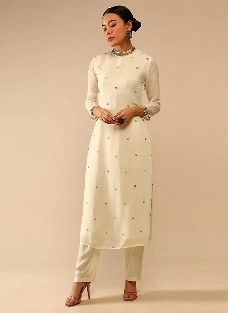 Ivory Pure Georgette Embroidered Kurta Straight Pant Set Party Wear 3 Ivory Pure Georgette Embroidered Kurta Straight Pant Set Party Wear - Image 3