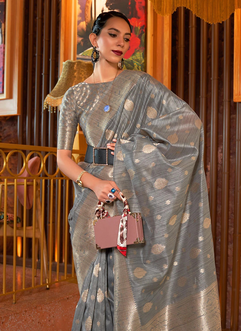 Jacquard Woven Work Grey Color Silk Saree Party Wear 4 Jacquard Woven Work Grey Color Silk Saree Party Wear - Image 4