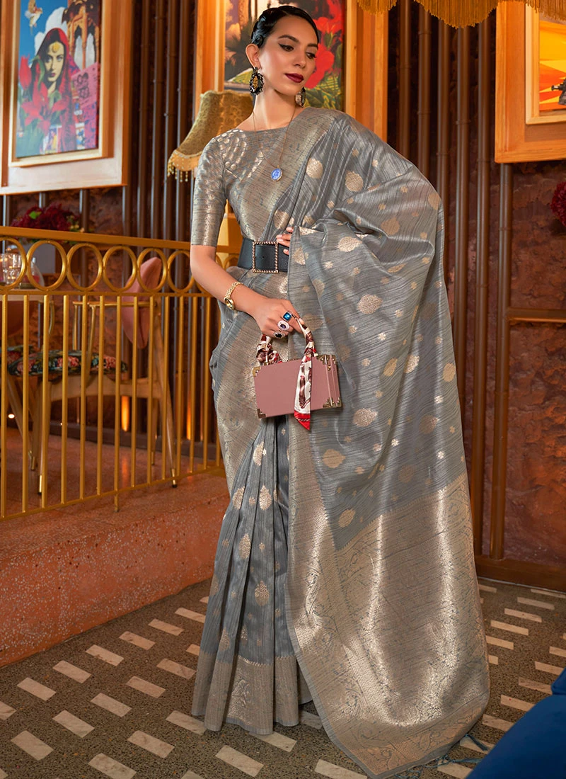 Jacquard Woven Work Grey Color Silk Saree Party Wear 3 Jacquard Woven Work Grey Color Silk Saree Party Wear - Image 3