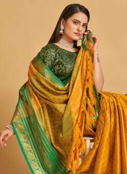 Jacquard Woven Work Mustard Color Soft Silk Saree Festive Wear -C Bazaar Shop jacquard woven work mustard color soft silk saree sasacw3832 b