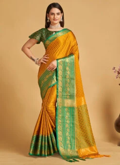 Jacquard Woven Work Mustard Color Soft Silk Saree Festive Wear -C Bazaar Shop jacquard woven work mustard color soft silk saree sasacw3832 u