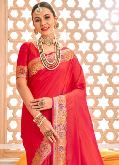 Jacquard Woven Work Silk Red Color Saree Festive Wear -C Bazaar Shop jacquard woven work silk red color saree sasli2004877a b