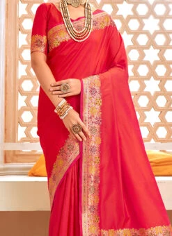 Jacquard Woven Work Silk Red Color Saree Festive Wear