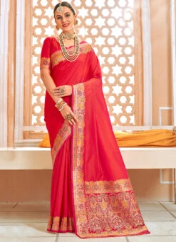 Jacquard Woven Work Silk Red Color Saree Festive Wear -C Bazaar Shop jacquard woven work silk red color saree sasli2004877a u