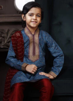 Lapis Blue Cotton Printed Boys Kurta Pyjama Party Wear -C Bazaar Shop lapis blue cotton printed boys kurta pyjama kdbmss6196 b