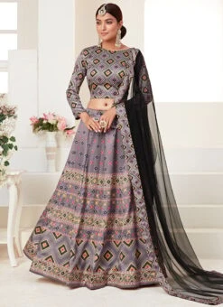 Lavender Ajmer Silk Printed Umbrella Lehenga Party Wear 6 Lavender Ajmer Silk Printed Umbrella Lehenga Party Wear -C Bazaar Shop lavender ajmer silk printed umbrella lehenga ghsom4001a u