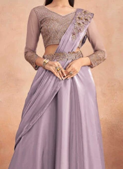 Lavender Chinon Silk Sequins Embroidered Ready Pleated Saree Party Wear