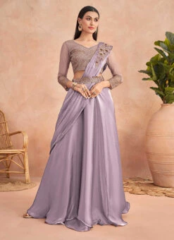 Lavender Chinon Silk Sequins Embroidered Ready Pleated Saree Party Wear -C Bazaar Shop lavender chinon silk sequins embroidered ready pleated saree saska36367304d u