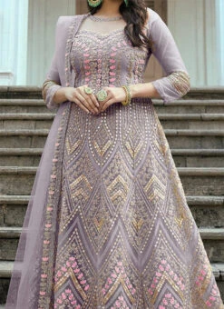 Lavender Net Embroidered Anarkali Suit Party Wear