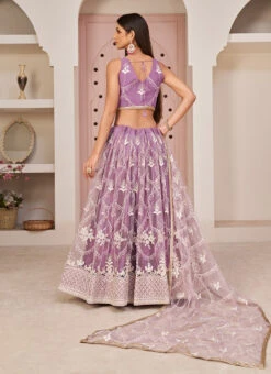 Lavender Net Thread Embroidery Umbrella Lehenga Party Wear -C Bazaar Shop lavender net thread embroidery umbrella lehenga ghskl2110 b