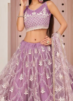Lavender Net Thread Embroidery Umbrella Lehenga Party Wear