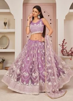 Lavender Net Thread Embroidery Umbrella Lehenga Party Wear -C Bazaar Shop lavender net thread embroidery umbrella lehenga ghskl2110 u