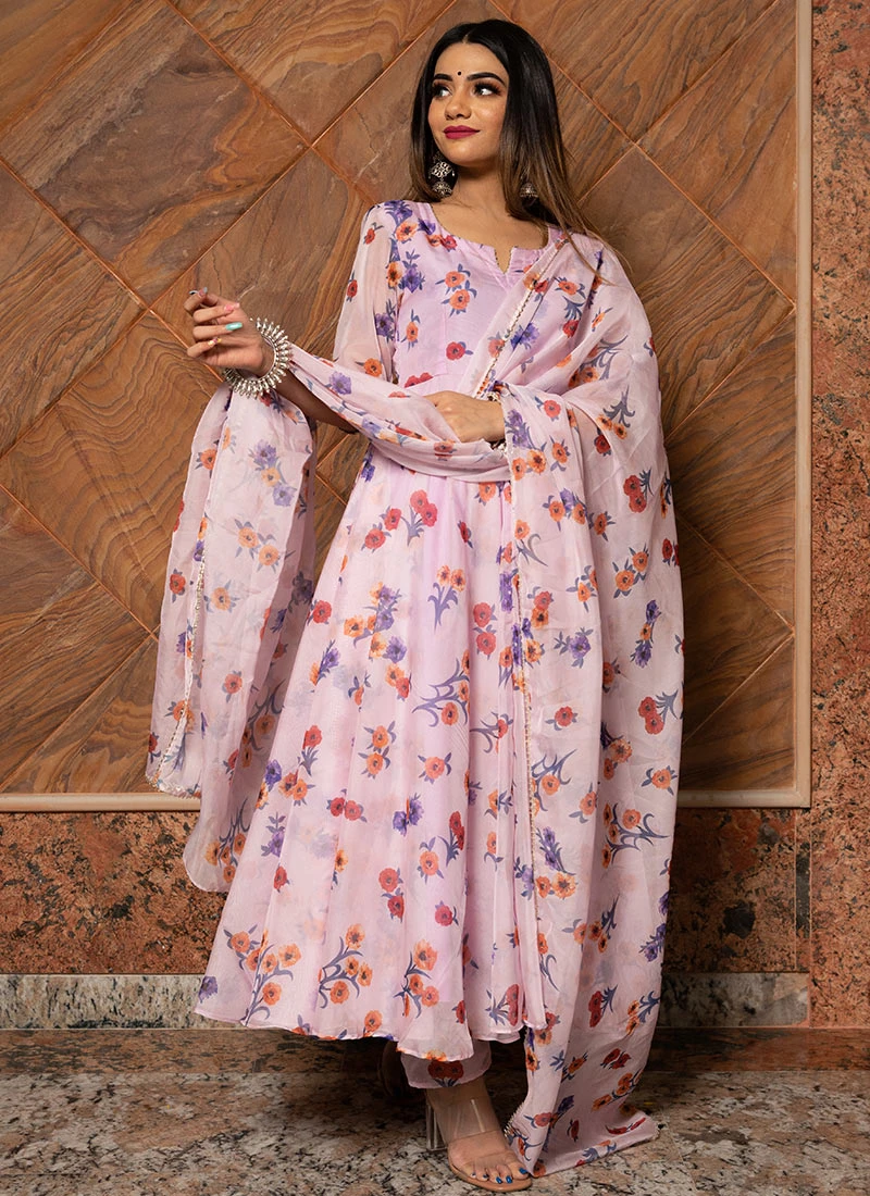 Lavender Pure Organza Printed Work Anarkali Suit Party Wear 3 Lavender Pure Organza Printed Work Anarkali Suit Party Wear - Image 3