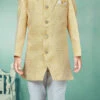 Lemon Yellow Banarasi Silk Jacquard Indowestern Sherwani Party Wear