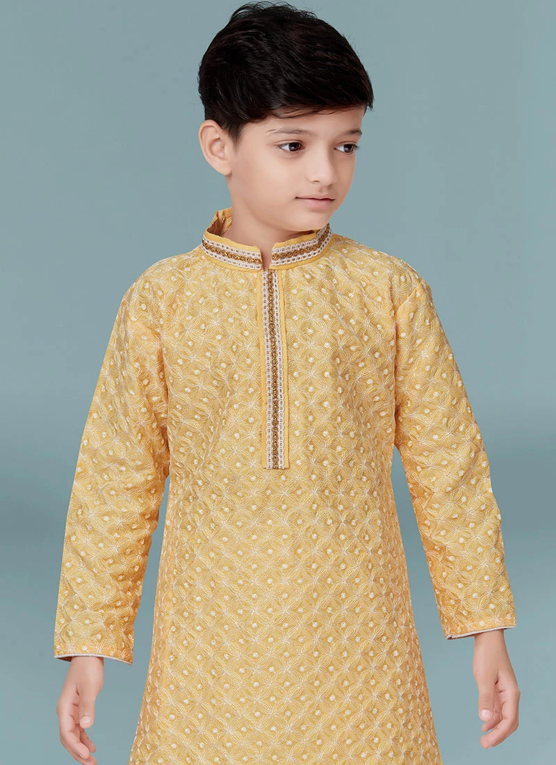 Lemon Yellow Cotton Jacquard Kurta Pyjama Party Wear 3 Lemon Yellow Cotton Jacquard Kurta Pyjama Party Wear - Image 3