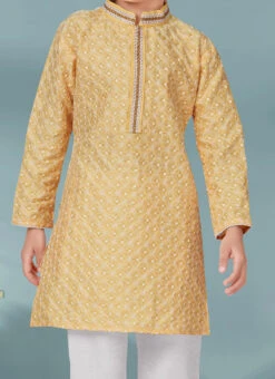 Lemon Yellow Cotton Jacquard Kurta Pyjama Party Wear