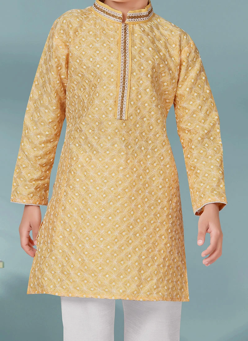 Lemon Yellow Cotton Jacquard Kurta Pyjama Party Wear 1 Lemon Yellow Cotton Jacquard Kurta Pyjama Party Wear
