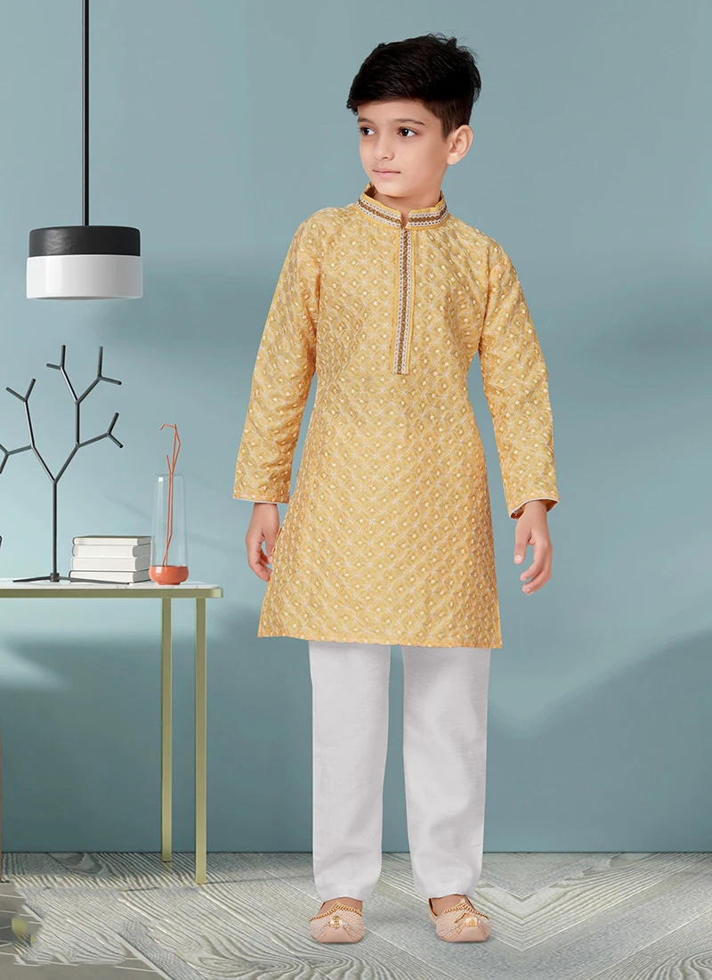 Lemon Yellow Cotton Jacquard Kurta Pyjama Party Wear 2 Lemon Yellow Cotton Jacquard Kurta Pyjama Party Wear - Image 2