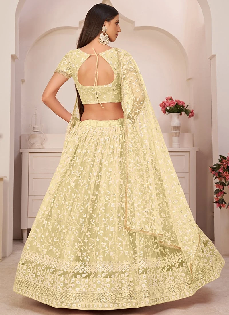 Lemon Yellow Net Embroidery A Line Lehenga Party Wear 4 Lemon Yellow Net Embroidery A Line Lehenga Party Wear - Image 4