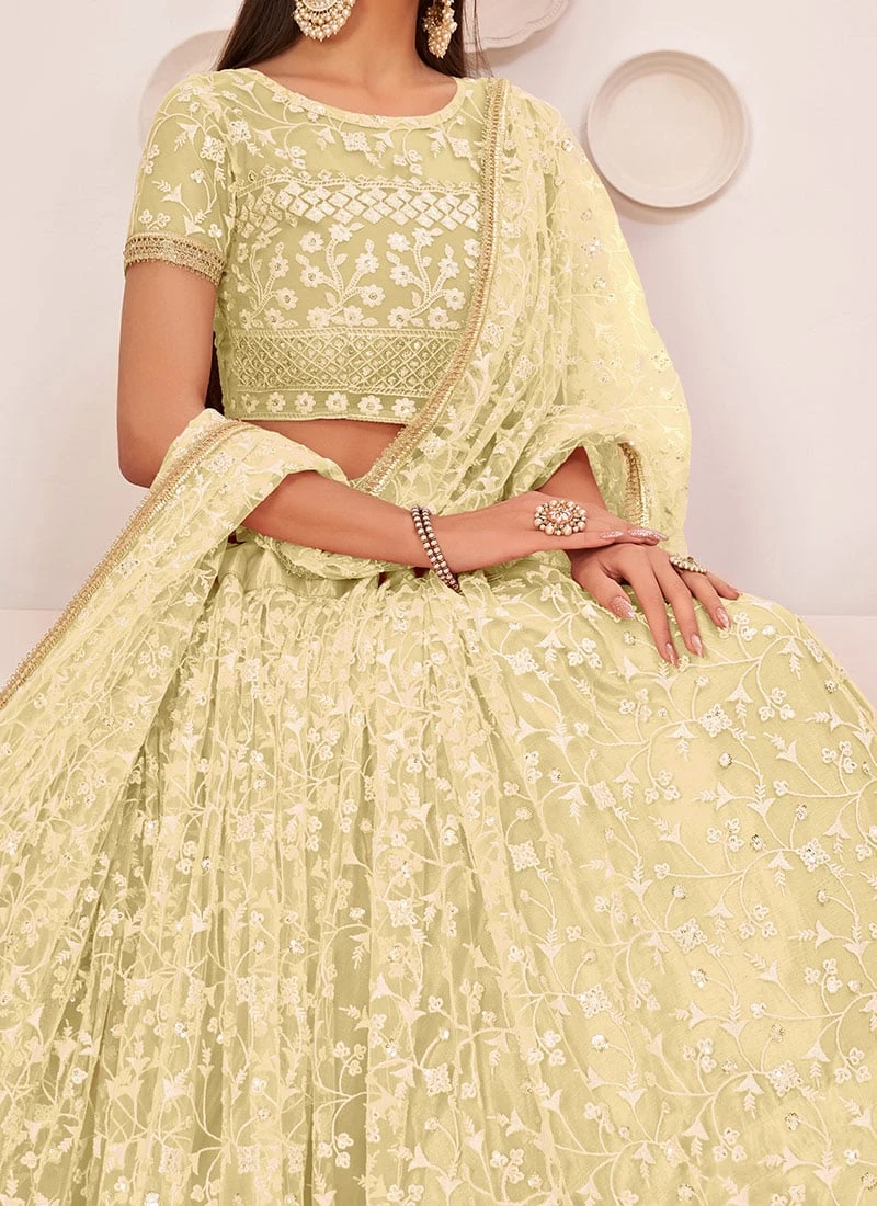 Lemon Yellow Net Embroidery A Line Lehenga Party Wear 1 Lemon Yellow Net Embroidery A Line Lehenga Party Wear