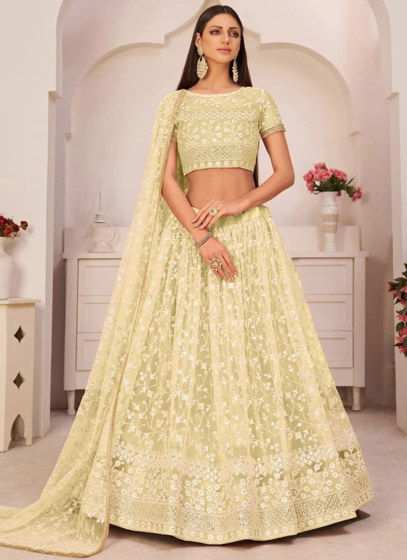 Lemon Yellow Net Embroidery A Line Lehenga Party Wear 3 Lemon Yellow Net Embroidery A Line Lehenga Party Wear - Image 3