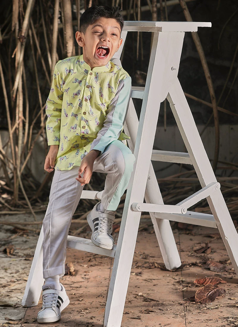 Lemon Yellow Pure Cotton Animal Printed Co Ords Set Party Wear 2 Lemon Yellow Pure Cotton Animal Printed Co Ords Set Party Wear - Image 2