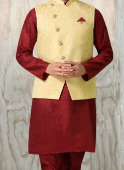 Light Beige Jacquard Silk Nehru Jacket