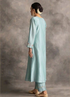 Light Blue Chanderi Silk Embroidered Straight Pant Suit Party Wear -C Bazaar Shop light blue chanderi silk embroidered straight pant suit krdvc22 b