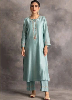 Light Blue Chanderi Silk Embroidered Straight Pant Suit Party Wear -C Bazaar Shop light blue chanderi silk embroidered straight pant suit krdvc22 u