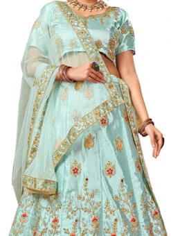 Light Blue Satin Silk Machine Embroidered A Line Lehenga Party Wear
