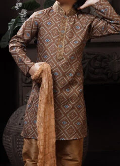 Light Brown Cotton Printed Boys Kurta Pyjama Party Wear