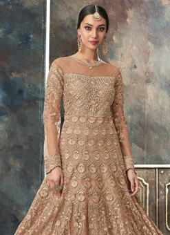 Light Brown Embroidered Abaya Style Anarkali Suit Party Wear -C Bazaar Shop light brown embroidered abaya style anarkali suit slscch327073 b