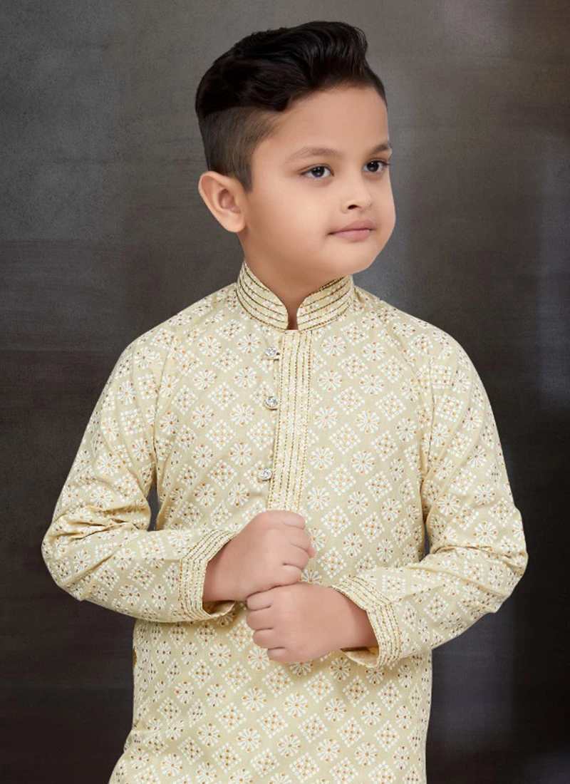 Light Gold Blended Cotton Printed Kids Boys Kurta Pyjama Festive Wear 3 Light Gold Blended Cotton Printed Kids Boys Kurta Pyjama Festive Wear - Image 3