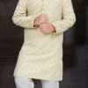 Light Gold Blended Cotton Printed Kids Boys Kurta Pyjama Festive Wear
