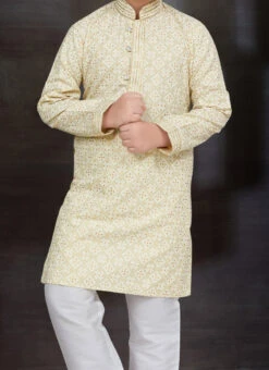 Light Gold Blended Cotton Printed Kids Boys Kurta Pyjama Festive Wear