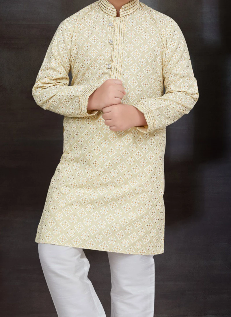 Light Gold Blended Cotton Printed Kids Boys Kurta Pyjama Festive Wear 1 Light Gold Blended Cotton Printed Kids Boys Kurta Pyjama Festive Wear