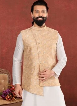 Light Gold Jacquard Silk Jacquard Nehru Jacket -C Bazaar Shop light gold jacquard silk jacquard nehru jacket jmvswc308 b