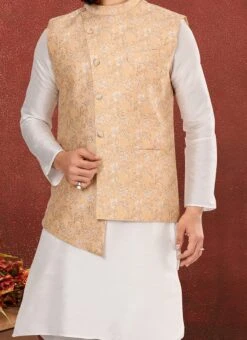 Light Gold Jacquard Silk Jacquard Nehru Jacket