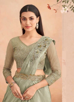 Light Green Chinon Silk Embroidered Ready Pleated Saree Party Wear -C Bazaar Shop light green chinon silk embroidered ready pleated saree saska36367304c b