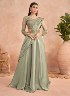 Light Green Chinon Silk Embroidered Ready Pleated Saree Party Wear -C Bazaar Shop light green chinon silk embroidered ready pleated saree saska36367304c u